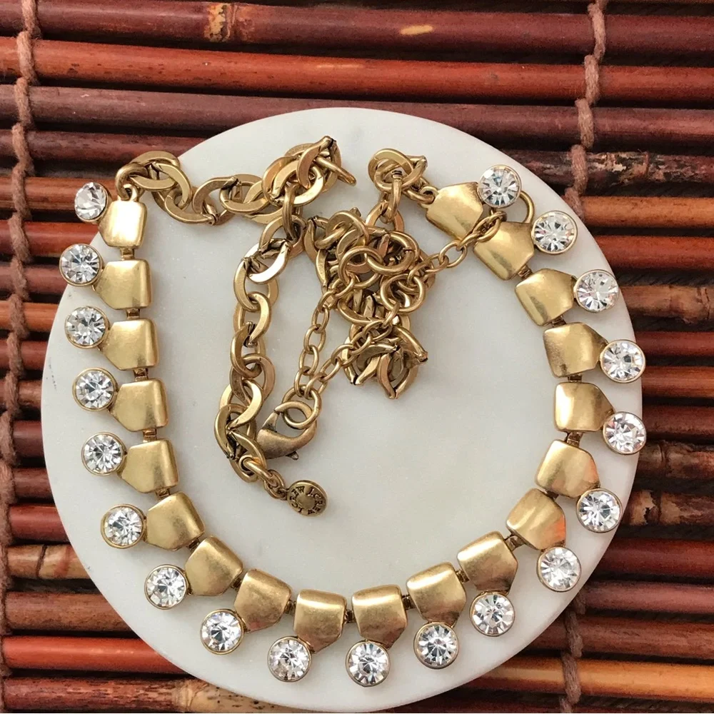 J. Crew Matte Gold Tone Rhinestone Statement Necklace 18” - 21.5”